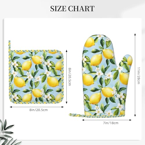 Oven Mitts Pot Holders Set Lemon Watercolor Flower Silicone Kitchen Gloves Potholders Heat Resistant for Chef Baking Cooking Grilling BBQ 4 Pack Mitt (C091)
