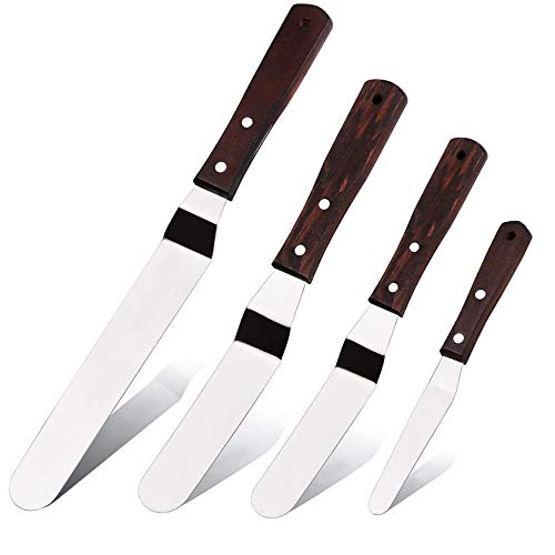 4PCS Offset Cake Icing Spatula Set 4” 6” 8” 10” Professional Stainless Steel Cake Decorating Frosting Spatulas with Wooden Handle