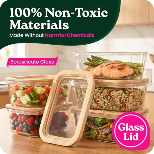 4 Pack Glass Food Storage Containers with Glass Lids & Bamboo Rim (27.05 Fl Oz)