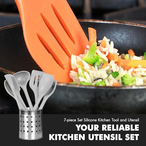 Premium Silicone Kitchen Tools and Utensils Set (7 Piece Set / Gray)