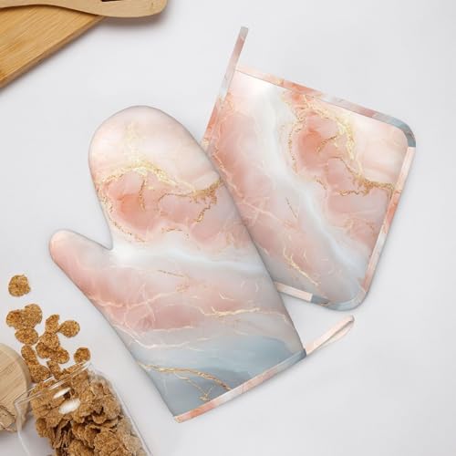 Oven Mitts Pot Holders Set Marble Light Pink Abstract Silicone Kitchen Gloves Potholders Heat Resistant for Chef Baking Cooking Grilling BBQ 4 Pack Mitt (C092)