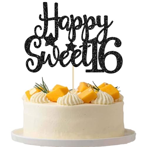24Pcs Happy 16th Birthday Cupcake Toppers Glitter Hello 16 Sweet 16 Cupcake Picks 2006 Sixteen Old Birthday Cake Decorations for 16th Birthday Anniversary Party Supplies Black