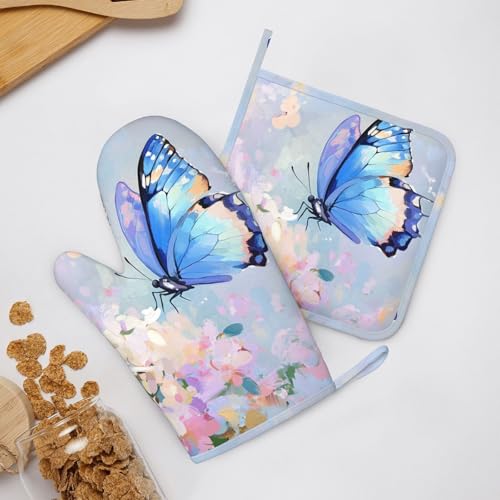 Oven Mitts Pot Holders Set Butterfly Flower Oil Painting Silicone Kitchen Gloves Potholders Heat Resistant for Chef Baking Cooking Grilling BBQ 4 Pack Mitt (C011)