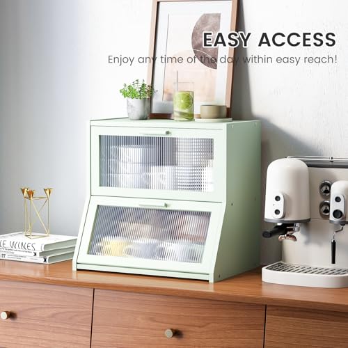 Double Layer Bamboo Bread Box for Kitchen Counter (Light Green / Extra Large)