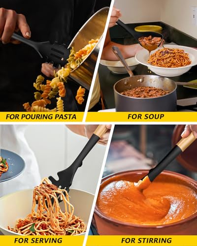 Silicone Soup Ladle and Pasta Spoon Set with Wooden Handle