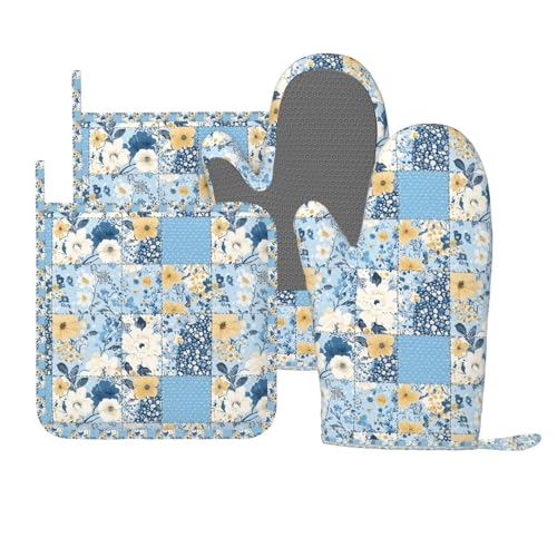 Oven Mitts and Pot Holders Floral Blue Pastel Vintage Silicone Kitchen Accessories Set of 4 Heat Resistant Long Gloves Potholder Non (A0664216)