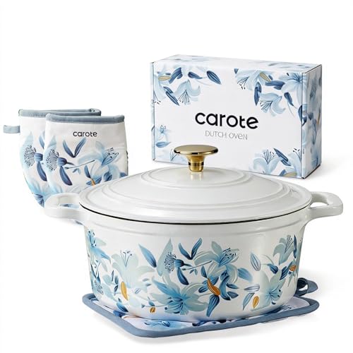 5QT Enameled Floral Cast Iron Dutch Oven Pot with Lid (Blue Floral / 5QT)