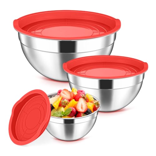 Stainless Steel Mixing Bowls with Lids Set of 3 (Red / 4.6, 3, 1.5QT)