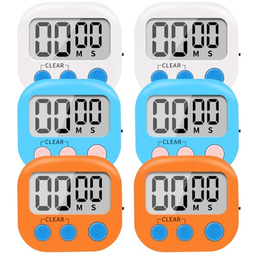 6 Pack Small Digital Kitchen Timer Magnetic Back and ON (Multicolored)