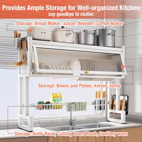 Over the Sink 3 Tier Dish Drying Rack with Cover (Milkshake White)