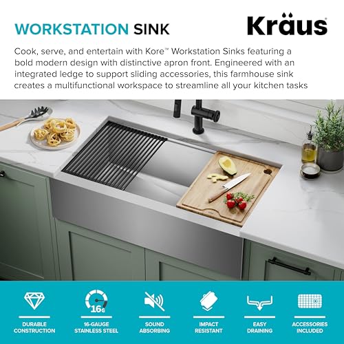 Kore 36 Inch Modern Farmhouse Workstation 16 Gauge Single Bowl Stainless Steel Kitchen Sink with Accessories (36 Inch / Flat Farmhouse / Stainless Steel)