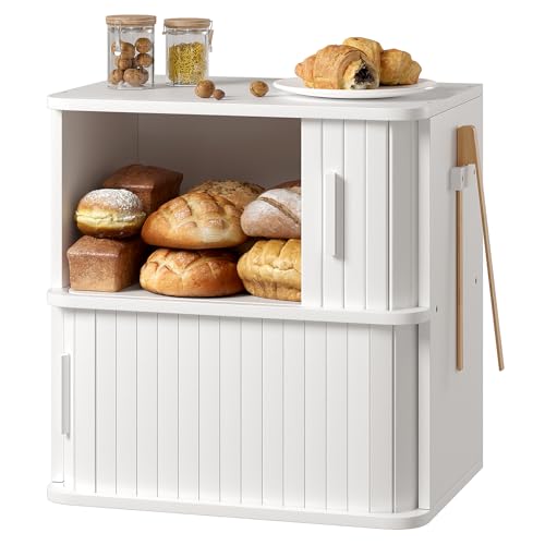 2 Tier Roll Top Bread Box for Kitchen Countertop Storage Cabinet (White / Extra Large)