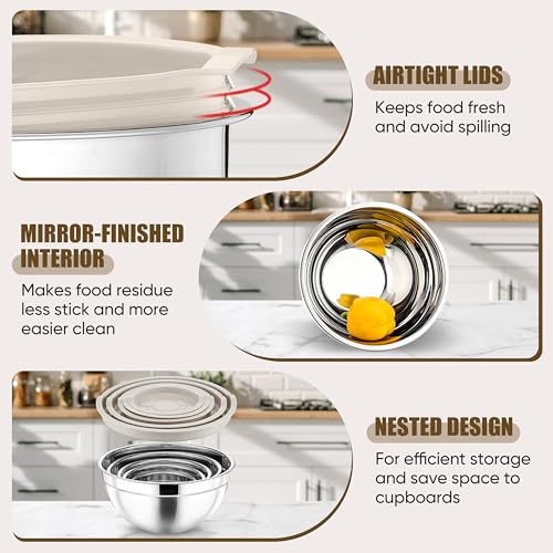 Metal Mixing Bowls with Lids Set (Khaki / Airtight Lids)