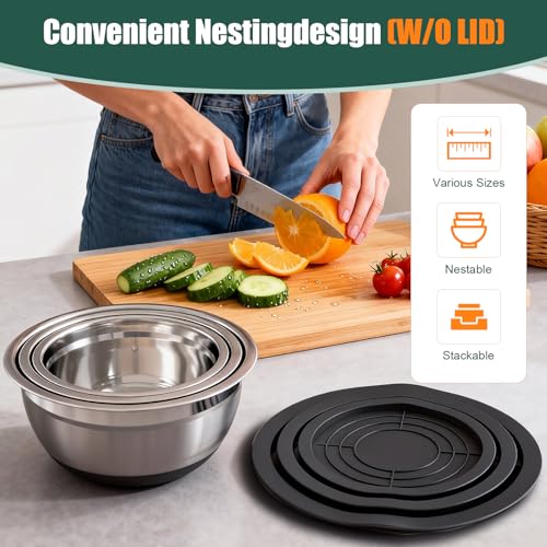 Stainless Steel Mixing Bowls Set with Lids & Silicone Base (Black)