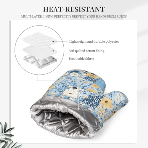 Oven Mitts and Pot Holders Floral Blue Pastel Vintage Silicone Kitchen Accessories Set of 4 Heat Resistant Long Gloves Potholder Non (A0664216)
