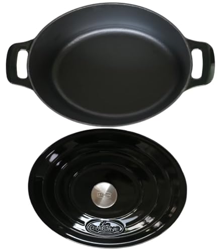 La Cuisine Enameled Cast Iron Oval Dutch Oven Casserole Pot with Lid 6.75 QT Internal Matte Black Enamel Coating for bread baking (6.75 QT Oval / Glossy Black)