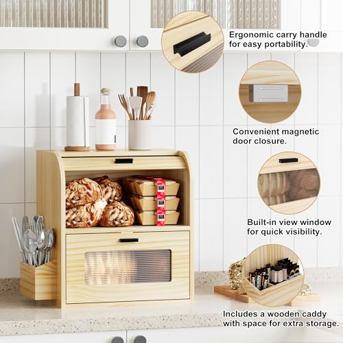 Roll Top Bread Box for Kitchen Countertop (Wood Color)