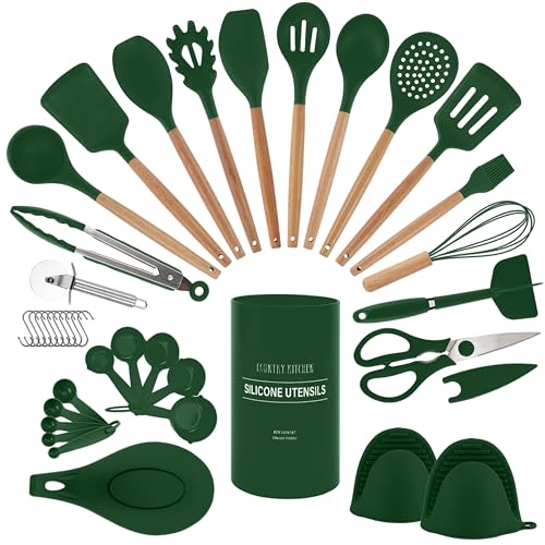 Non Stick Silicone Utensil Set with Rounded Wood Handles for Cooking and Baking (38 Piece Set / Green)