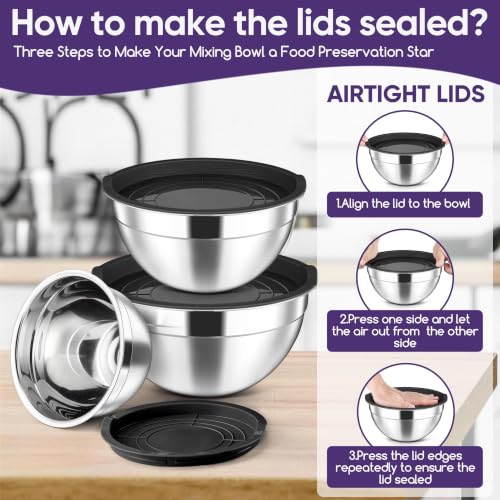 Stainless Steel Mixing Bowls with Lids Set of 3 (Black / 4.6, 3, 1.5QT)