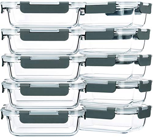 10 Pack 22 oz Glass Food Storage Containers with lids (gray)