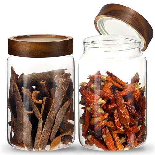 Glass Coffee Jars Spice Jar Round Storage Canister with Wooden Lid Clear Glass Food Jar for Pantry Sugar Tea Coffee Bean Spice Nuts Cookies Bath Salts