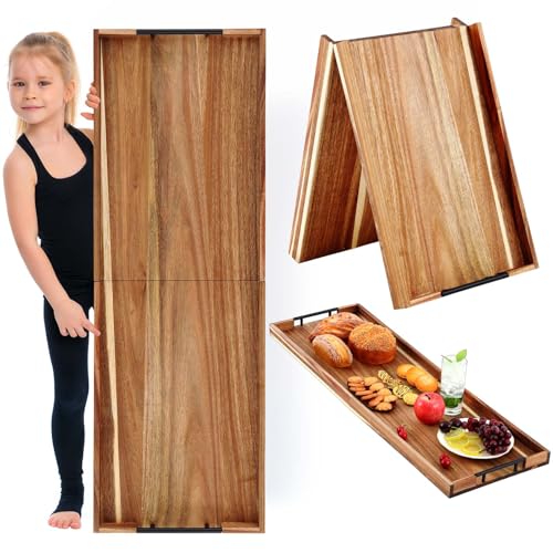 36"x 12" Extra Large Ottoman Tray with Handle Acacia Wooden Charcuterie Board Serving Cheese Boards Tray Oversized Coffee Table Rectangle Supplies for Tea Kitchen Food Beverage Fruit Snack (Wood Color, / 36" x 12" x 1.5" / with Handle)