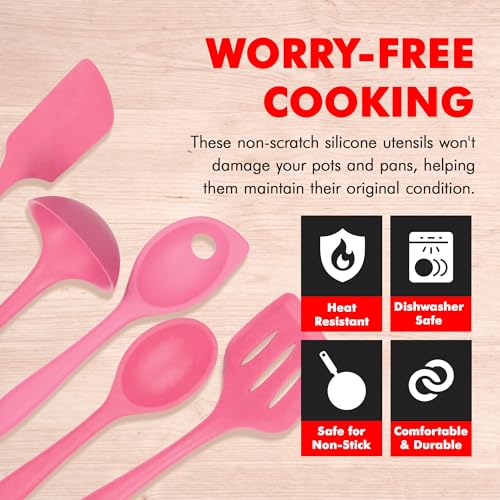 Premium Silicone Kitchen Tools and Utensils Set (5 Piece Set / Pink)