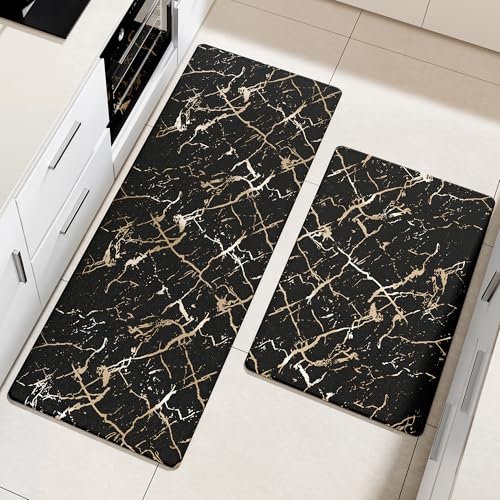 Foil Stamped Marble Kitchen Mats for Floor 2PCS Cushioned Anti Fatigue Non Slip Waterproof Comfort Leather Kitchen Rugs 2