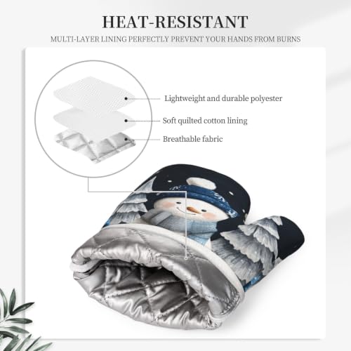 Oven Mitts and Pot Holders Set Snowman Christmas Black Silicone Kitchen Accessories 4 Piece Heat Resistant Long Gloves Potholder Non (C02)