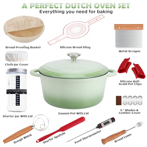 Enameled Cast Iron Dutch Oven Pot with Lid (Light Green)