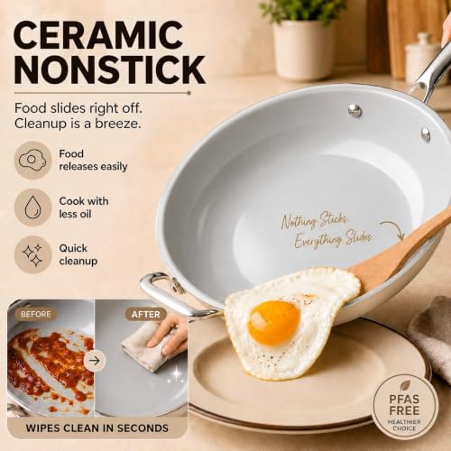12 INCH Ceramic Nonstick Deep Frying Pan with Lid (Cream & Grey / 12 Inch /5 QT)
