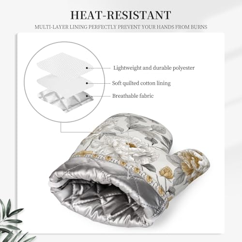 Oven Mitts Pot Holders Set Rustic Flower Peony Floral Silicone Kitchen Gloves Potholders Heat Resistant for Chef Baking Cooking Grilling BBQ 4 Pack Mitt (B0118)
