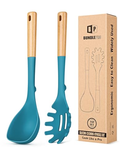 Silicone Soup Ladle and Pasta Spoon Set with Wooden Handle