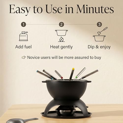 11 Piece Cast Iron Fondue Set with Adjustable Burner 6 Colored Forks