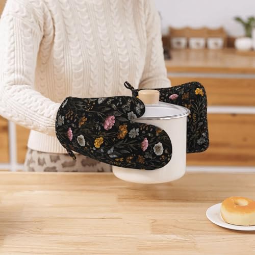 Oven Mitts and Pot Holders Flower Butterfly Boho Botanical Silicone Kitchen Accessories Set of 4 Heat Resistant Long Gloves Potholder Non (A063223)