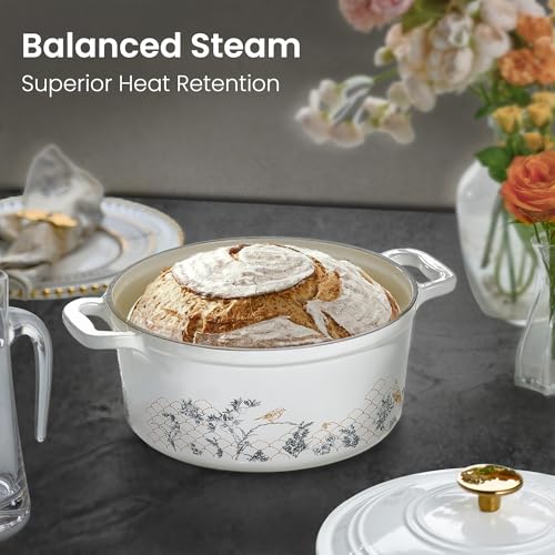 Cast Iron Dutch Oven Pot with Lid (White Bird & Floral / 5QT)