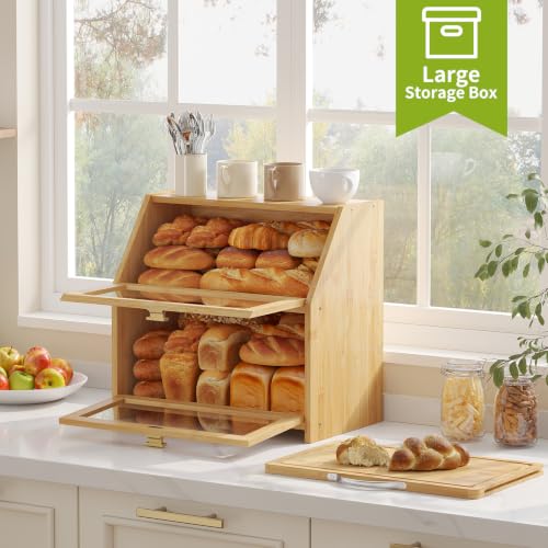 Bread Box with Cutting Board for Kitchen Countertop Corner Bread box Double Layer Bamboo Extra Large Capacity Bin Kitchen Food Storage Container (Natural)