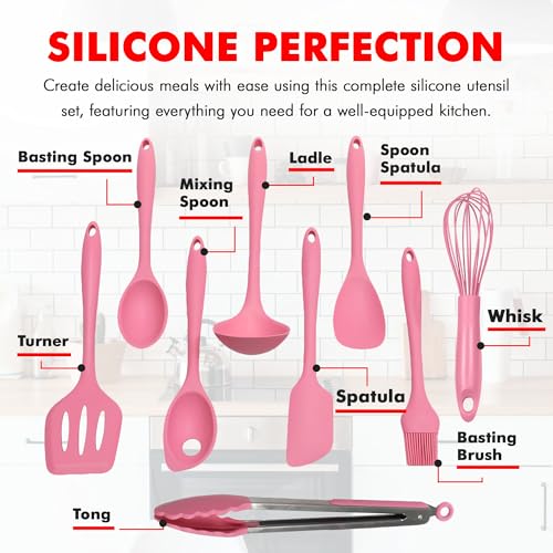 Premium Silicone Kitchen Tools and Utensils Set (9 Piece Set / Pink)