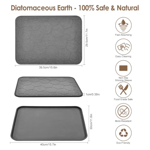 Stone Dish Drying Mat with Silicone Sleeve (Grey- Honeycomb Pattern / 15.7" x 11.8")