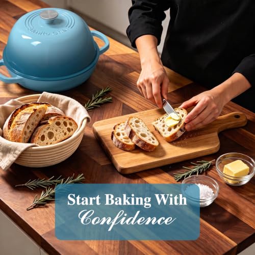 6QT Enameled Cast Iron Dutch Oven Bread Baking Gift Set (Blue)