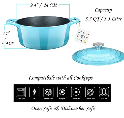 La Cuisine Enameled Cast Iron Dutch Oven Casserole Dish Pot with Lid (3.7 QT Round / Teal)