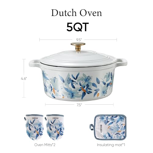 5QT Enameled Floral Cast Iron Dutch Oven Pot with Lid (Blue Floral / 5QT)