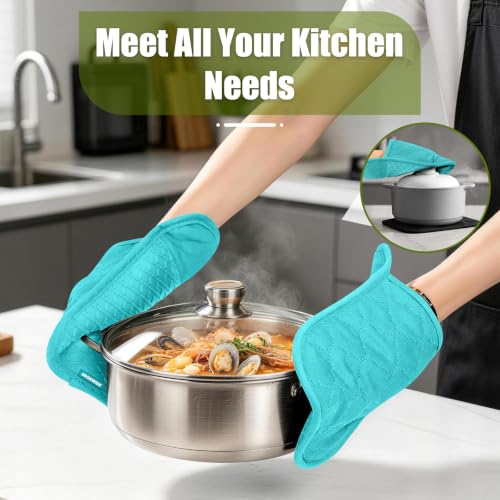 Silicone Oven Mitts and Pot Holders with Kitchen Towels and Dishcloths Sets (Lake Blue)