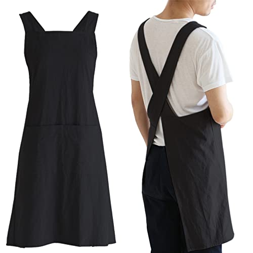 Japanese Cotton Linen Cross Back Cooking Apron for Women Men with Pockets Cute for Baking Kitchen