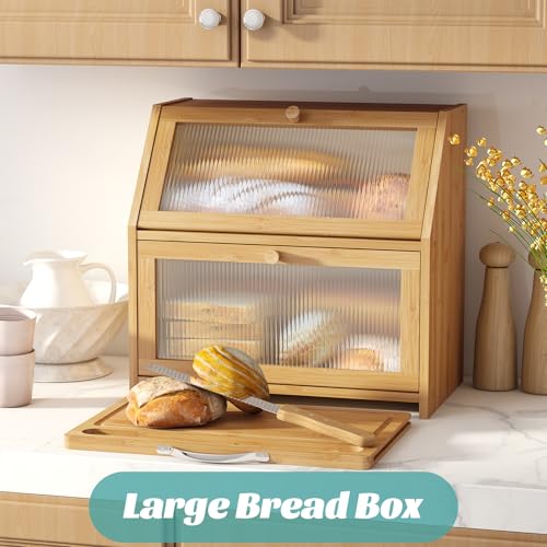 Extra Large Bread Box with Cutting Board Bamboo Wood Bread Box for Kitchen Counter (Natural)