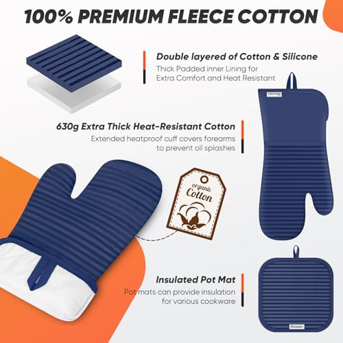 Oven Mitts Kitchen Towels and Dishcloths with Pot Holders Sets (Marine Blue)