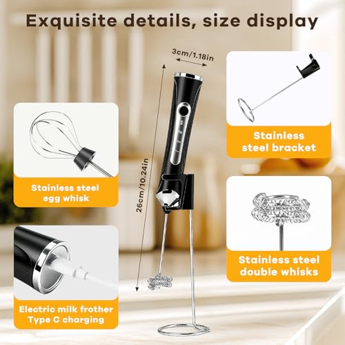 Milk Frother Handheld Rechargeable with Stand Frother Wand Foam Maker 3 Speed Adjustable Hand Mixer with Detachable Stainless 2 Whisks Electric Coffee Frother Stirrer For Latte