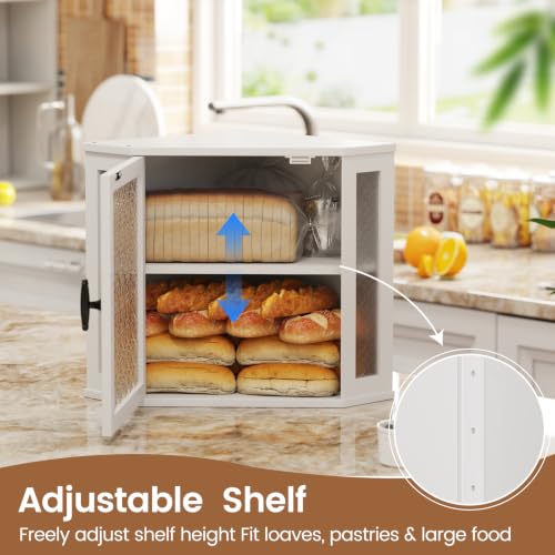 Corner Bread Box for Kitchen Countertop Double Layer Bamboo Wood Large Capacity Bread Storage Container Retro Vintage Farmhouse (White / Medium)