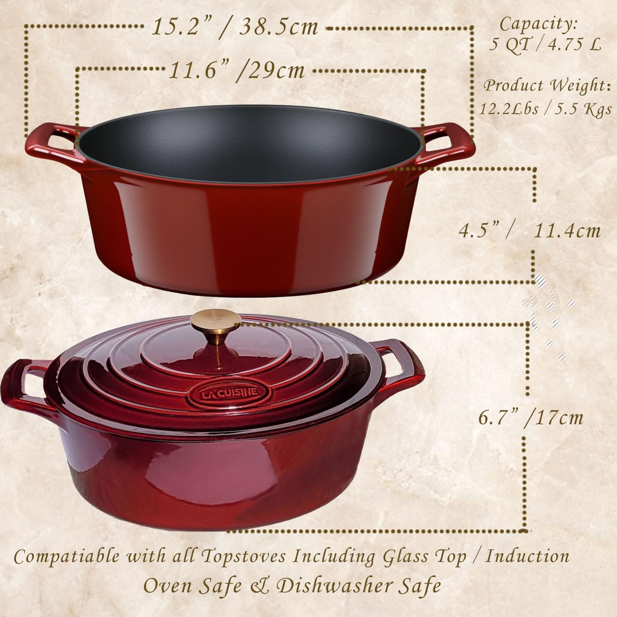 La Cuisine Enameled Cast Iron Oval Dutch Oven Casserole Dish Pot with Lid 5 QT Internal Matt Black Enamel Coating (5.0 QT Oval / Cranberry)