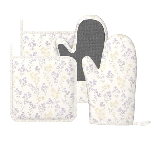 Oven Mitts Pot Holders Set Pastel Flower Pattern Silicone Kitchen Gloves Potholders Heat Resistant for Chef Baking Cooking Grilling BBQ 4 Pack Mitt (B0115)